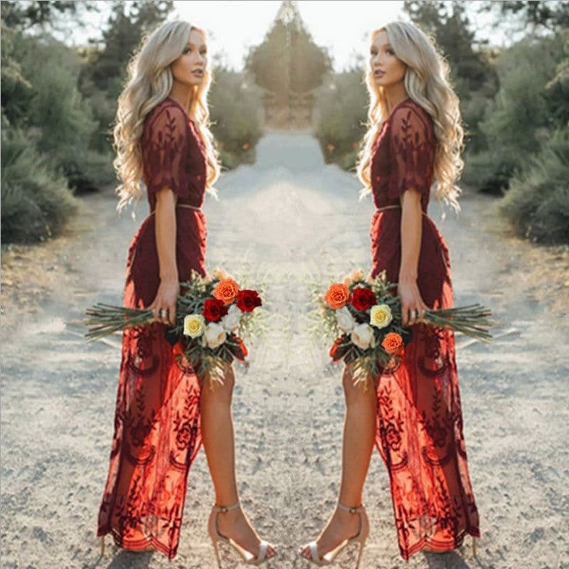image-Deep V-neck Short Sleeve Lace Perspective Tight-Sleeve Dress Maxi Dress
