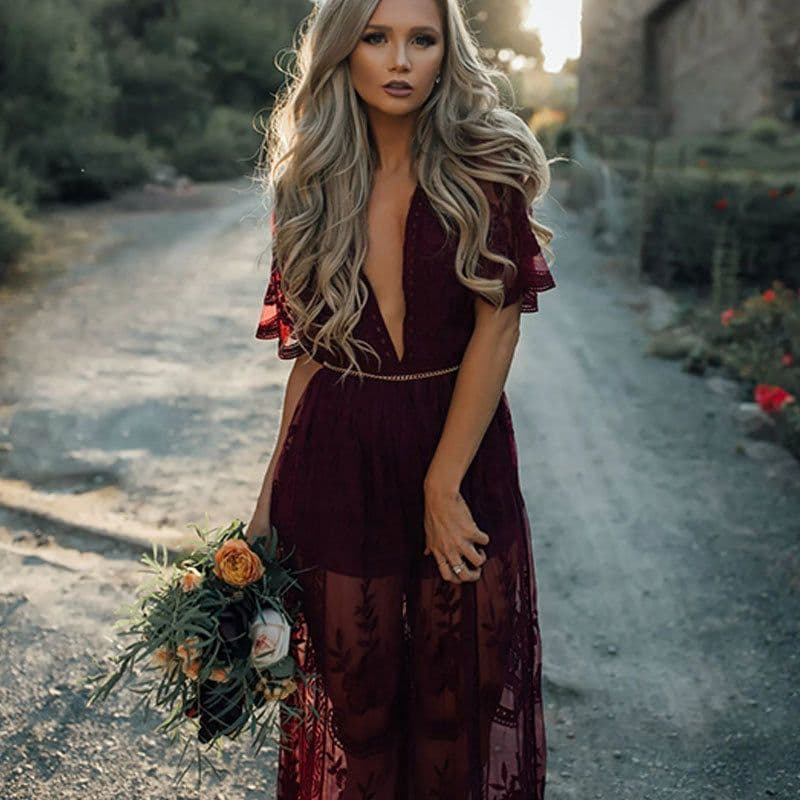 image-Deep V-neck Short Sleeve Lace Perspective Tight-Sleeve Dress Maxi Dress