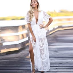 image-Deep V-neck Short Sleeve Lace Perspective Tight-Sleeve Dress Maxi Dress