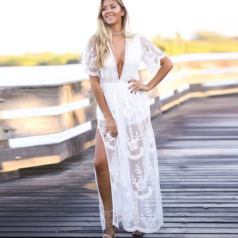 image-Deep V-neck Short Sleeve Lace Perspective Tight-Sleeve Dress Maxi Dress