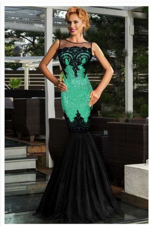 image-Europe and America long skirt sexy sleeveless sequin mesh stitching banquet evening dress dew backpack hip fishtail mopping dress