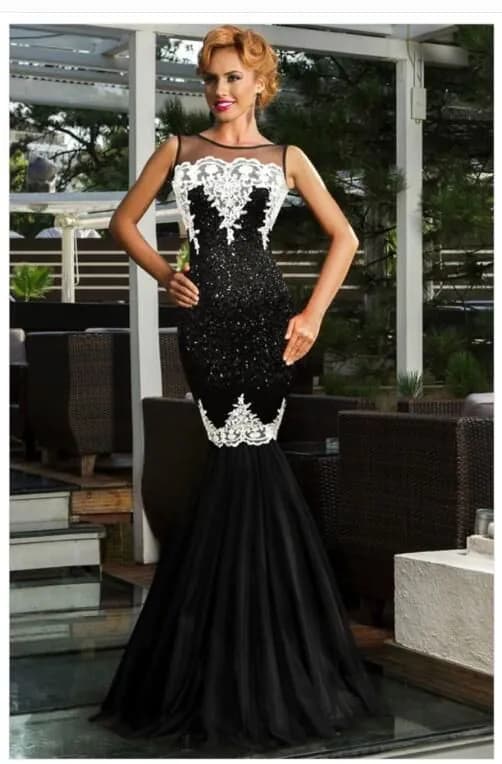 image-Europe and America long skirt sexy sleeveless sequin mesh stitching banquet evening dress dew backpack hip fishtail mopping dress