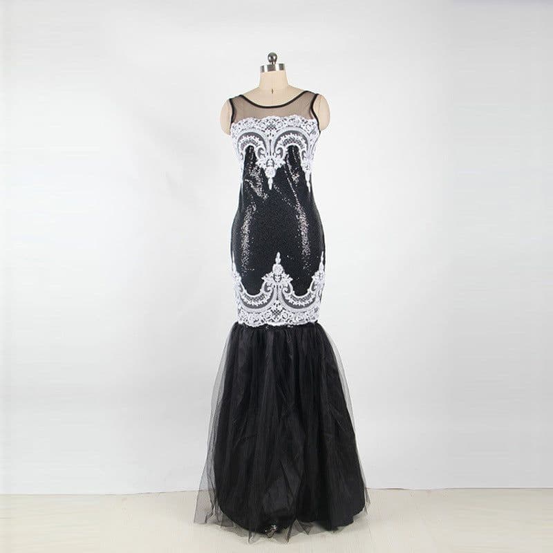 image-Europe and America long skirt sexy sleeveless sequin mesh stitching banquet evening dress dew backpack hip fishtail mopping dress