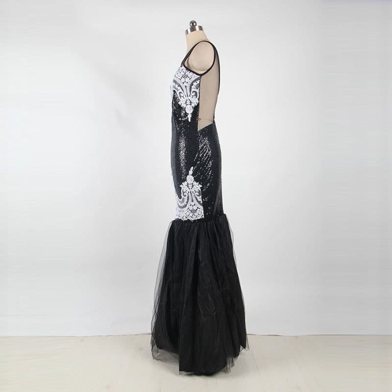 image-Europe and America long skirt sexy sleeveless sequin mesh stitching banquet evening dress dew backpack hip fishtail mopping dress