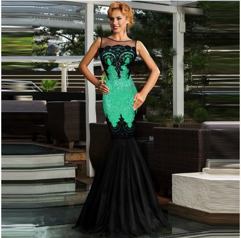 image-Europe and America long skirt sexy sleeveless sequin mesh stitching banquet evening dress dew backpack hip fishtail mopping dress