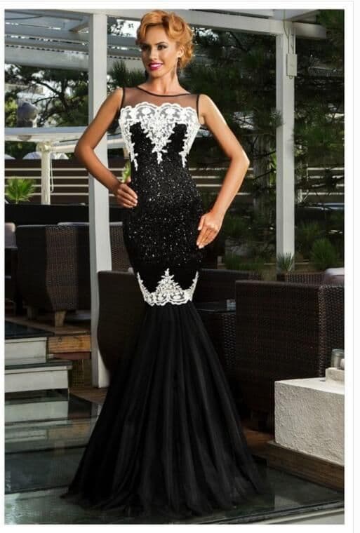 image-Europe and America long skirt sexy sleeveless sequin mesh stitching banquet evening dress dew backpack hip fishtail mopping dress