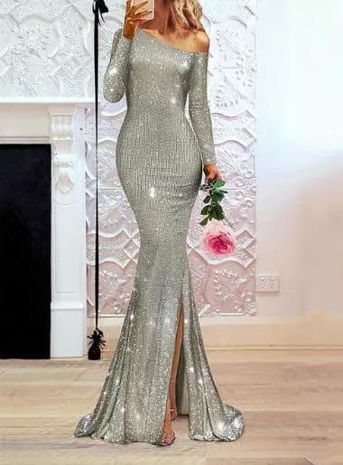 image-Europe and the United States one shoulder asymmetric sparkling crystal long dress skirt dress