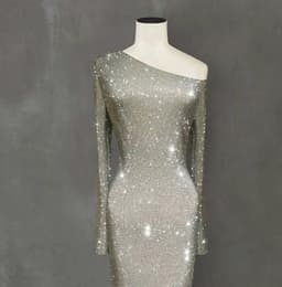 image-Europe and the United States one shoulder asymmetric sparkling crystal long dress skirt dress