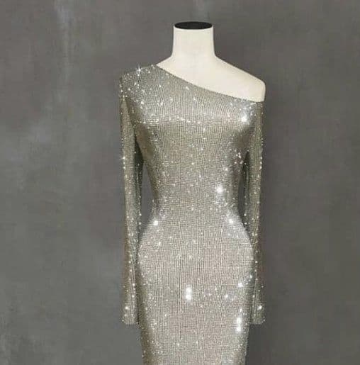 image-Europe and the United States one shoulder asymmetric sparkling crystal long dress skirt dress