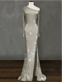 image-Europe and the United States one shoulder asymmetric sparkling crystal long dress skirt dress