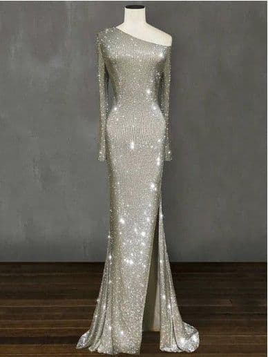 image-Europe and the United States one shoulder asymmetric sparkling crystal long dress skirt dress