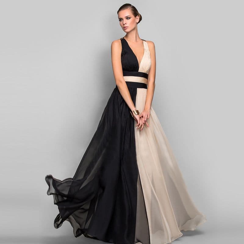 image-European and American fashion V-neck backless color dress skirt long dress