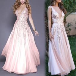 image-V-neck sequined sleeveless evening dress