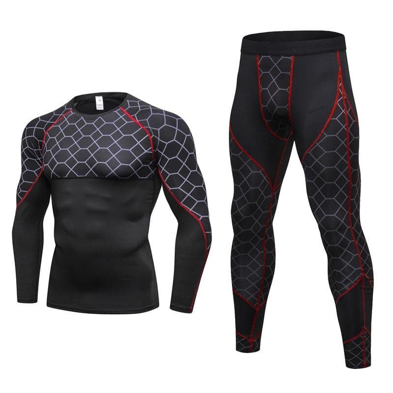 image-Men's Compression Run jogging Suits Grid Clothes Sports Set Long t shirt And Pants Gym Fitness workout Tights clothing 2pcs Sets