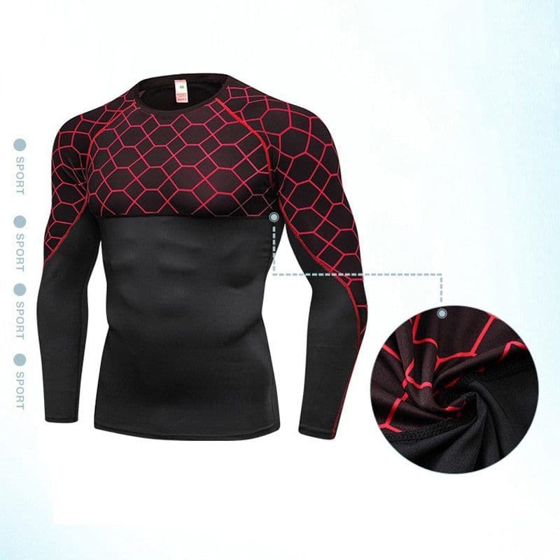 image-Men's Compression Run jogging Suits Grid Clothes Sports Set Long t shirt And Pants Gym Fitness workout Tights clothing 2pcs Sets