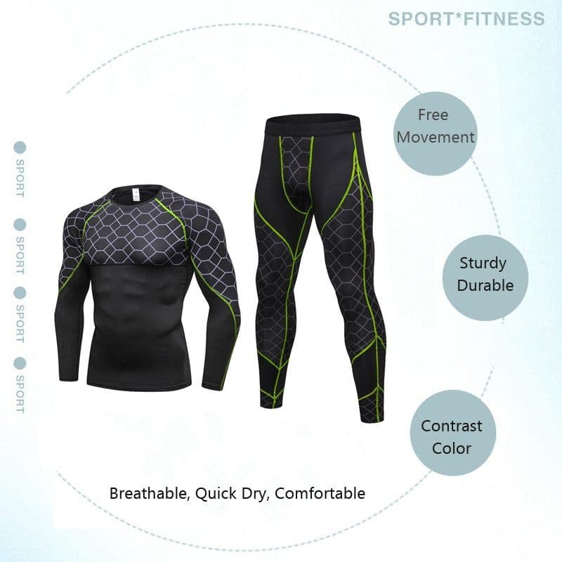 image-Men's Compression Run jogging Suits Grid Clothes Sports Set Long t shirt And Pants Gym Fitness workout Tights clothing 2pcs Sets