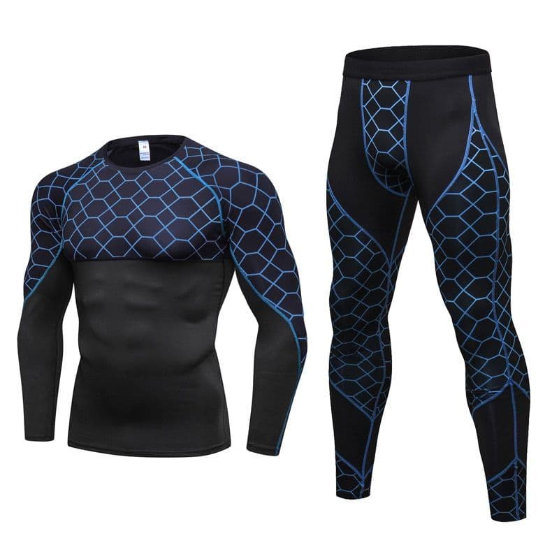 image-Men's Compression Run jogging Suits Grid Clothes Sports Set Long t shirt And Pants Gym Fitness workout Tights clothing 2pcs Sets