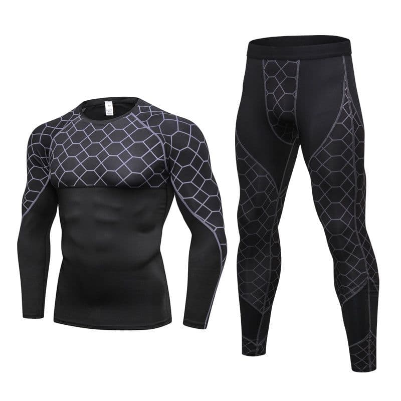 image-Men's Compression Run jogging Suits Grid Clothes Sports Set Long t shirt And Pants Gym Fitness workout Tights clothing 2pcs Sets