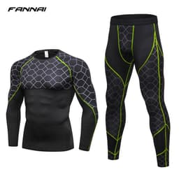image-Men's Compression Run jogging Suits Grid Clothes Sports Set Long t shirt And Pants Gym Fitness workout Tights clothing 2pcs Sets