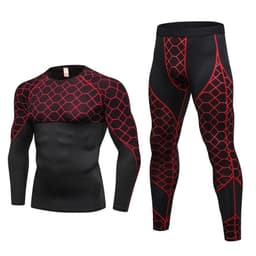 image-Men's Compression Run jogging Suits Grid Clothes Sports Set Long t shirt And Pants Gym Fitness workout Tights clothing 2pcs Sets
