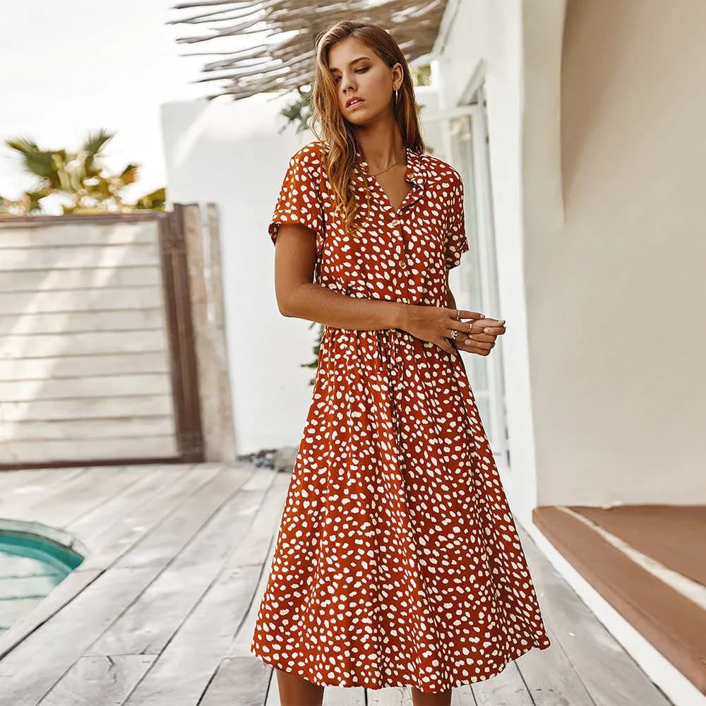 image-Women's Wave Point Short Sleeve Dress Shirt Collar Skirt
