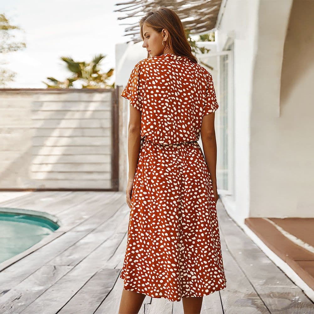 image-Women's Wave Point Short Sleeve Dress Shirt Collar Skirt