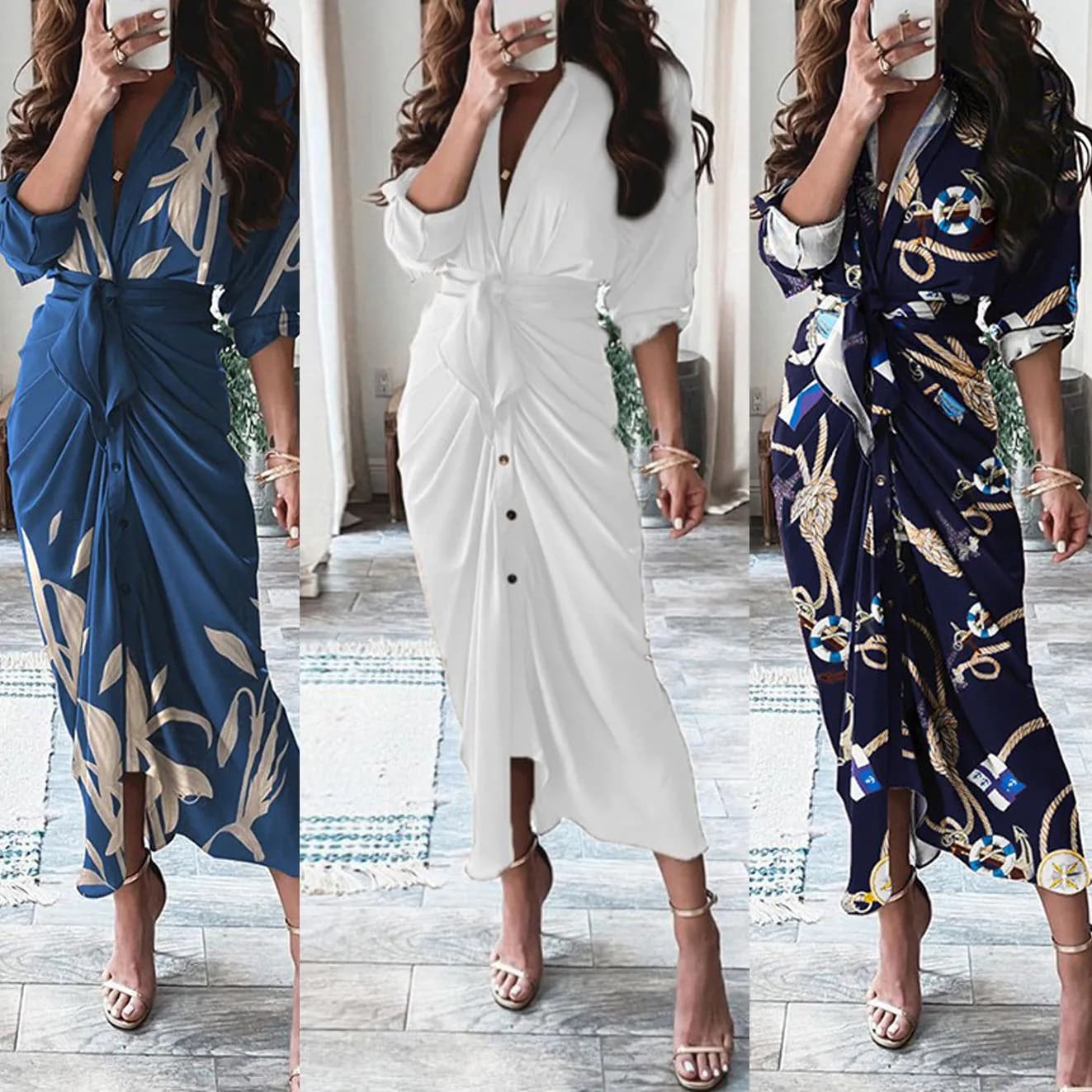image-European And American Print Long-Sleeved Lace-Up Single-Breasted Shirt Dress