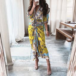 image-European And American Print Long-Sleeved Lace-Up Single-Breasted Shirt Dress