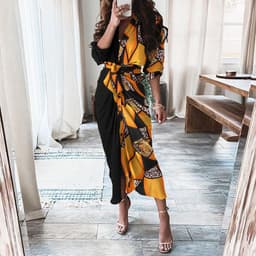 image-European And American Print Long-Sleeved Lace-Up Single-Breasted Shirt Dress