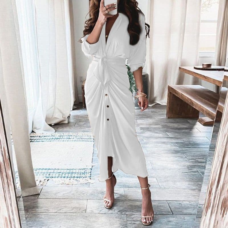 image-European And American Print Long-Sleeved Lace-Up Single-Breasted Shirt Dress