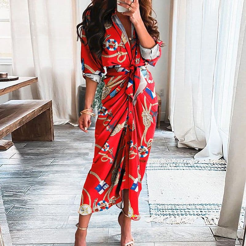 image-European And American Print Long-Sleeved Lace-Up Single-Breasted Shirt Dress