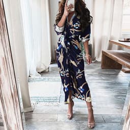 image-European And American Print Long-Sleeved Lace-Up Single-Breasted Shirt Dress