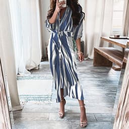 image-European And American Print Long-Sleeved Lace-Up Single-Breasted Shirt Dress