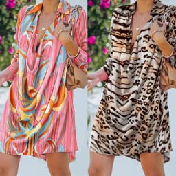 image-Leopard Print A-Line Party Dress Lady Lapel Fashion Shirt Dress Women Vintage Long Sleeve Draped Mini Dress