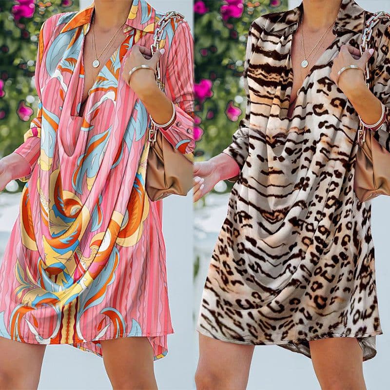 image-Leopard Print A-Line Party Dress Lady Lapel Fashion Shirt Dress Women Vintage Long Sleeve Draped Mini Dress