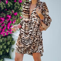 image-Leopard Print A-Line Party Dress Lady Lapel Fashion Shirt Dress Women Vintage Long Sleeve Draped Mini Dress