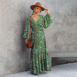 image-Fashion Printed Lantern Long-Sleeved V-Neck Halter Stitching Dress