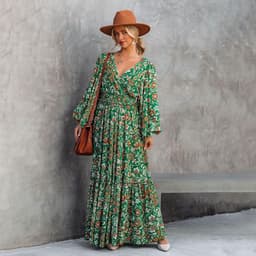 image-Fashion Printed Lantern Long-Sleeved V-Neck Halter Stitching Dress