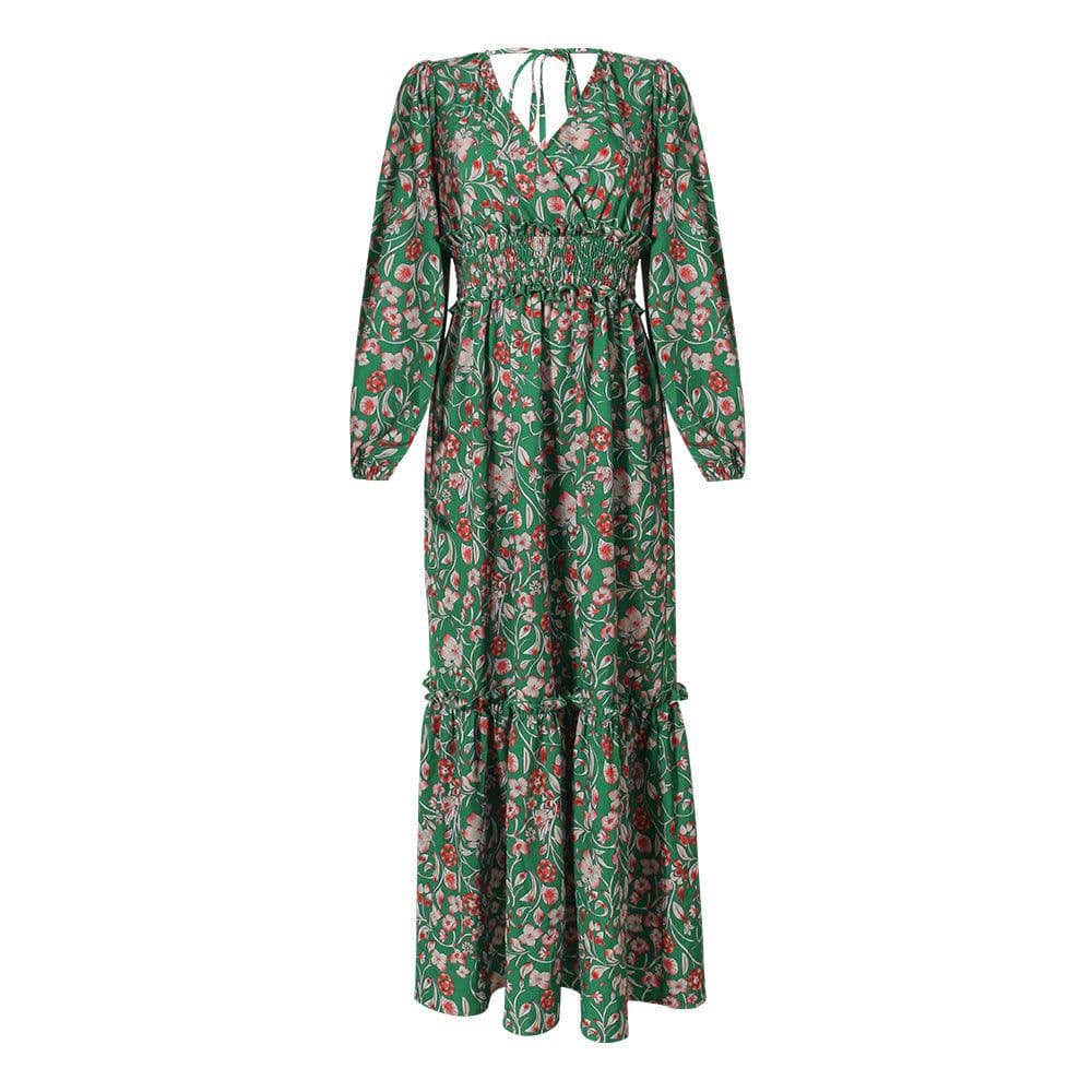 image-Fashion Printed Lantern Long-Sleeved V-Neck Halter Stitching Dress