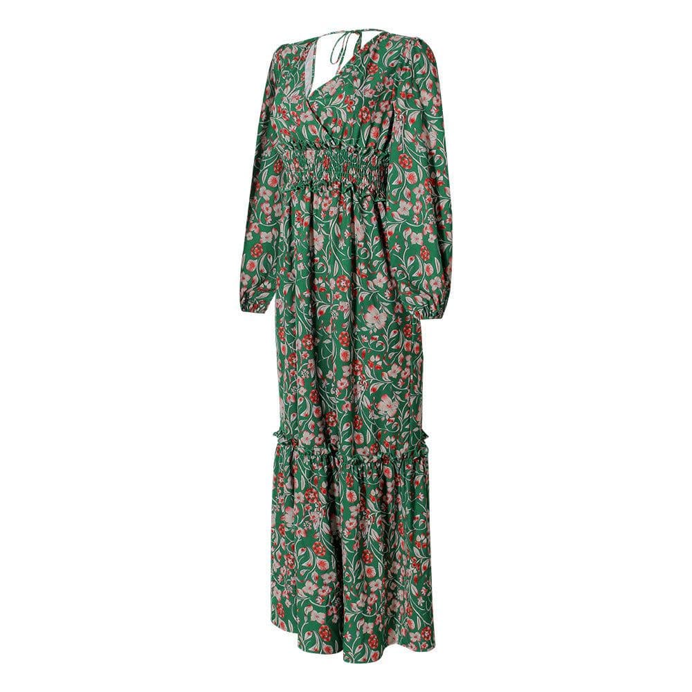 image-Fashion Printed Lantern Long-Sleeved V-Neck Halter Stitching Dress