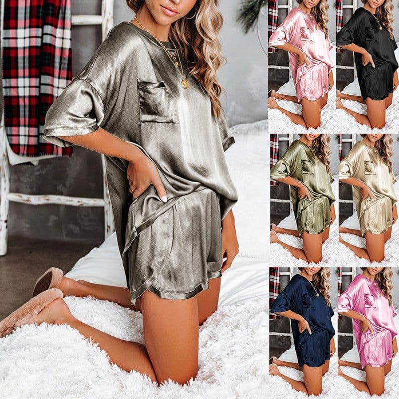 image-Pure Color Round Neck Short-Sleeved Home Service Suit Pajamas