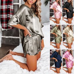 image-Pure Color Round Neck Short-Sleeved Home Service Suit Pajamas