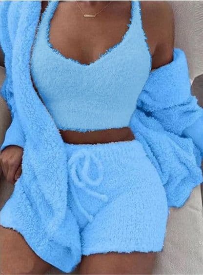 image-3pcs Womens Clothing Long Sleeve Crop Tank Top And Drawstring Shorts Pajama Set