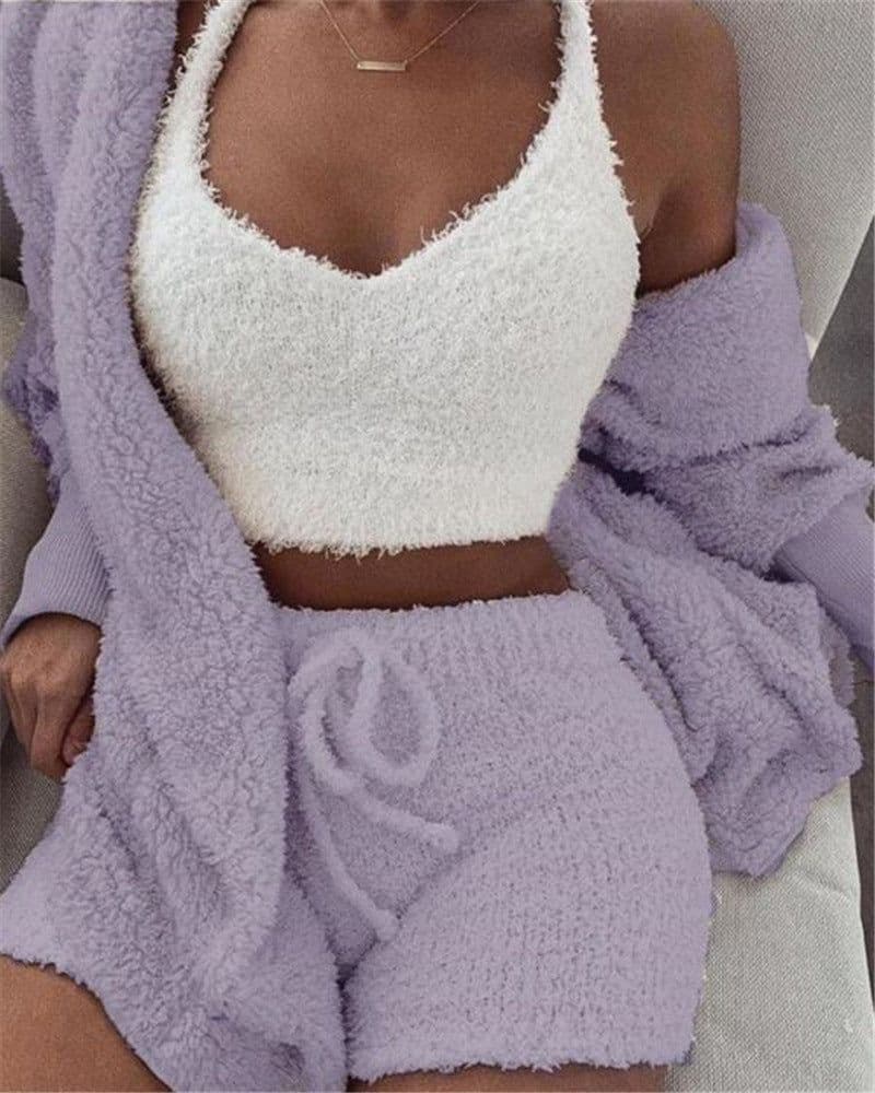 image-3pcs Womens Clothing Long Sleeve Crop Tank Top And Drawstring Shorts Pajama Set
