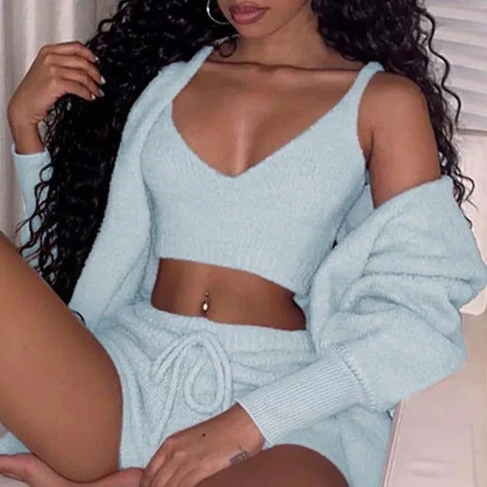 image-3pcs Womens Clothing Long Sleeve Crop Tank Top And Drawstring Shorts Pajama Set