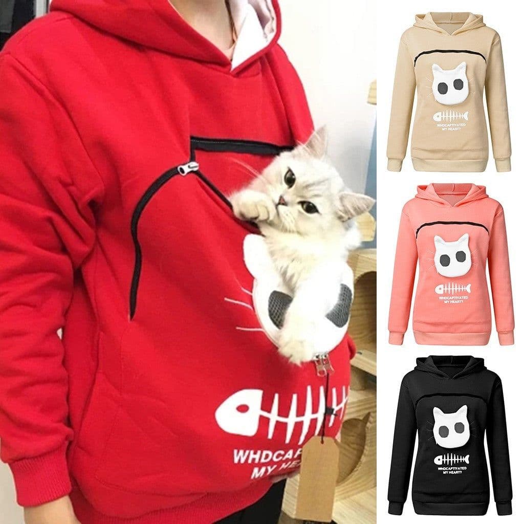 image-Women Hoodie Sweatshirt With Cat Pet Pocket Design Long Sleeve Sweater Cat Outfit