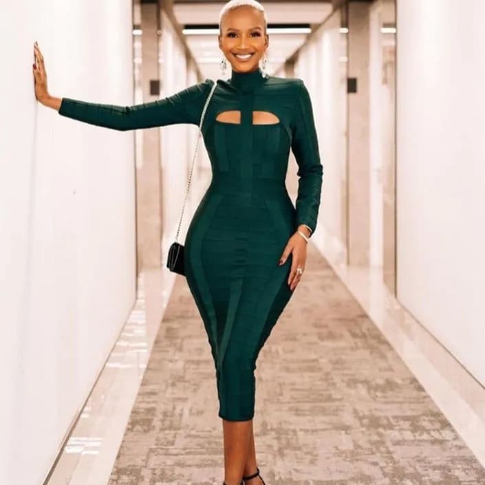 image-Dark Green Stand Collar Long Sleeve Slim Fit Bandage Dress