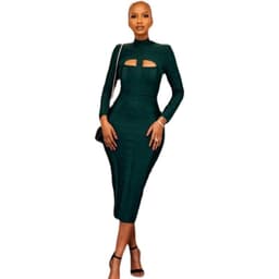 image-Dark Green Stand Collar Long Sleeve Slim Fit Bandage Dress
