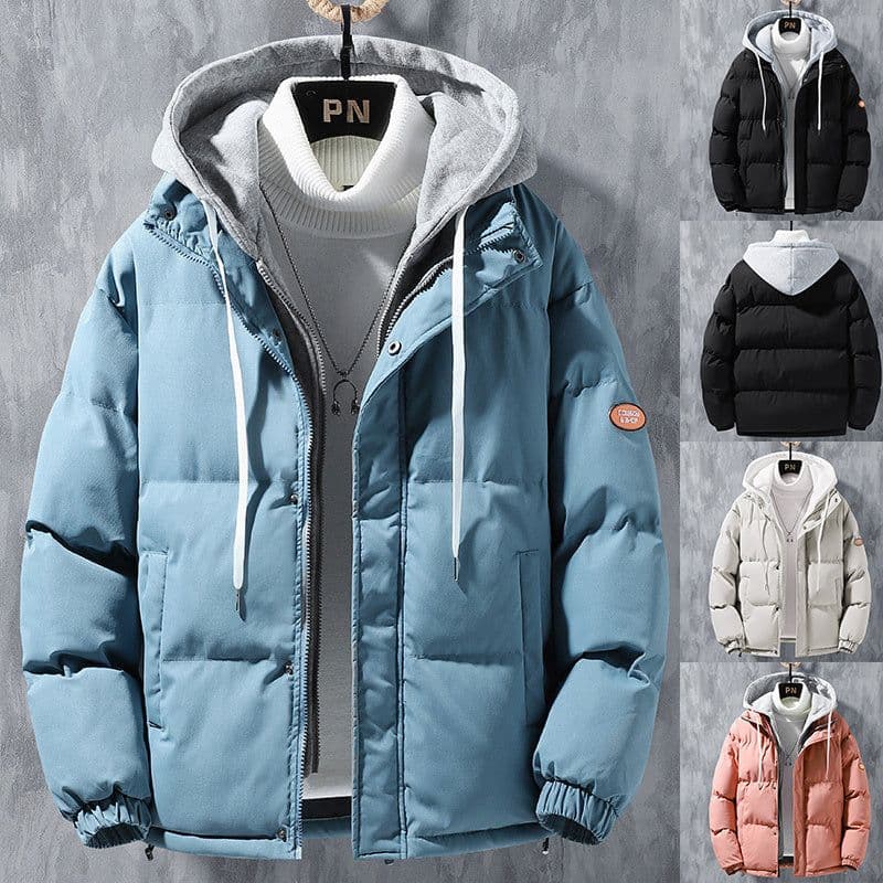 image-Fashion Hooded Jacket Men Winter Windproof Thickened Fake Two-piece Coat Solid Leisure Sports Cotton Jacket