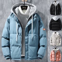 image-Fashion Hooded Jacket Men Winter Windproof Thickened Fake Two-piece Coat Solid Leisure Sports Cotton Jacket